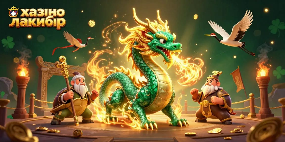 Engage in 카지노 лакибир with thrilling golden dragon and lucky cranes in a vibrant 3D casino scene.