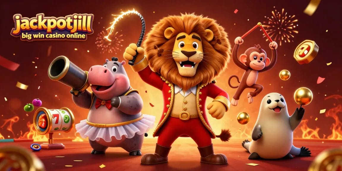 Experience the excitement of jackpotjill big win casino online with this vibrant 3D illustration featuring a circus theme and casino elements.