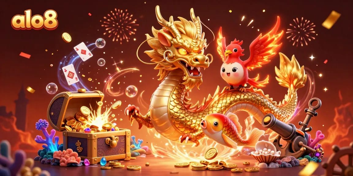 Win big at alo8 with a vibrant casino scene featuring a dragon, phoenix, and koi fish.