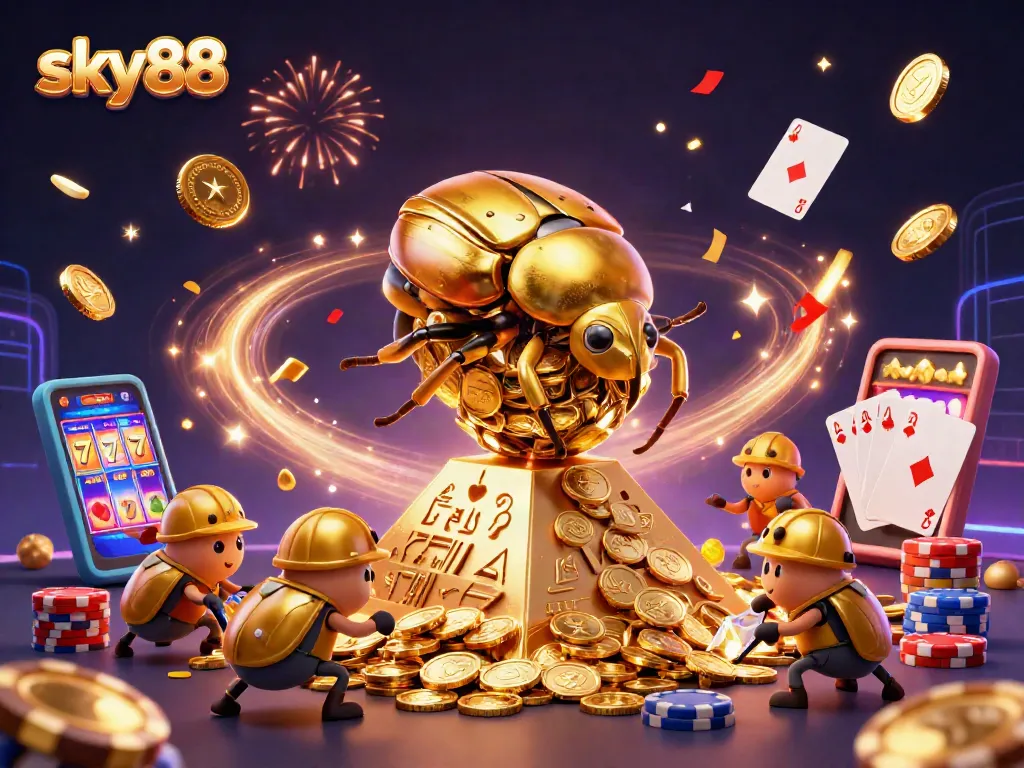 Experience thrilling gameplay at sky88 with a 3D cartoon scene of gold coins and casino symbols.
