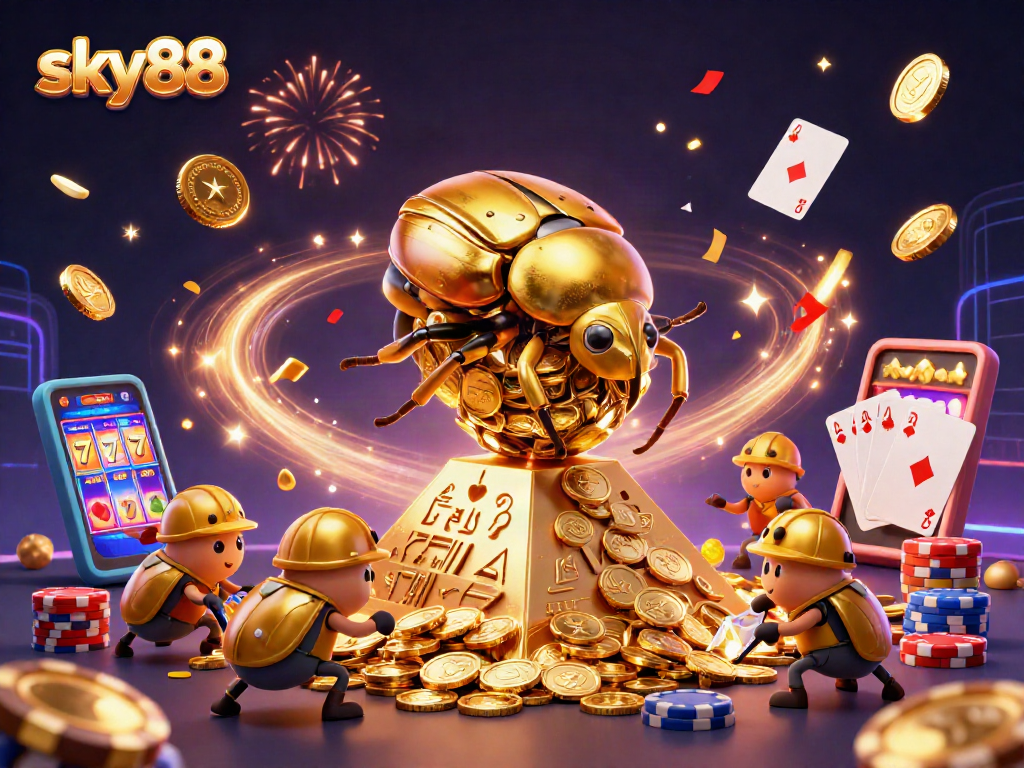 Experience thrilling gameplay at sky88 with a 3D cartoon scene of gold coins and casino symbols.