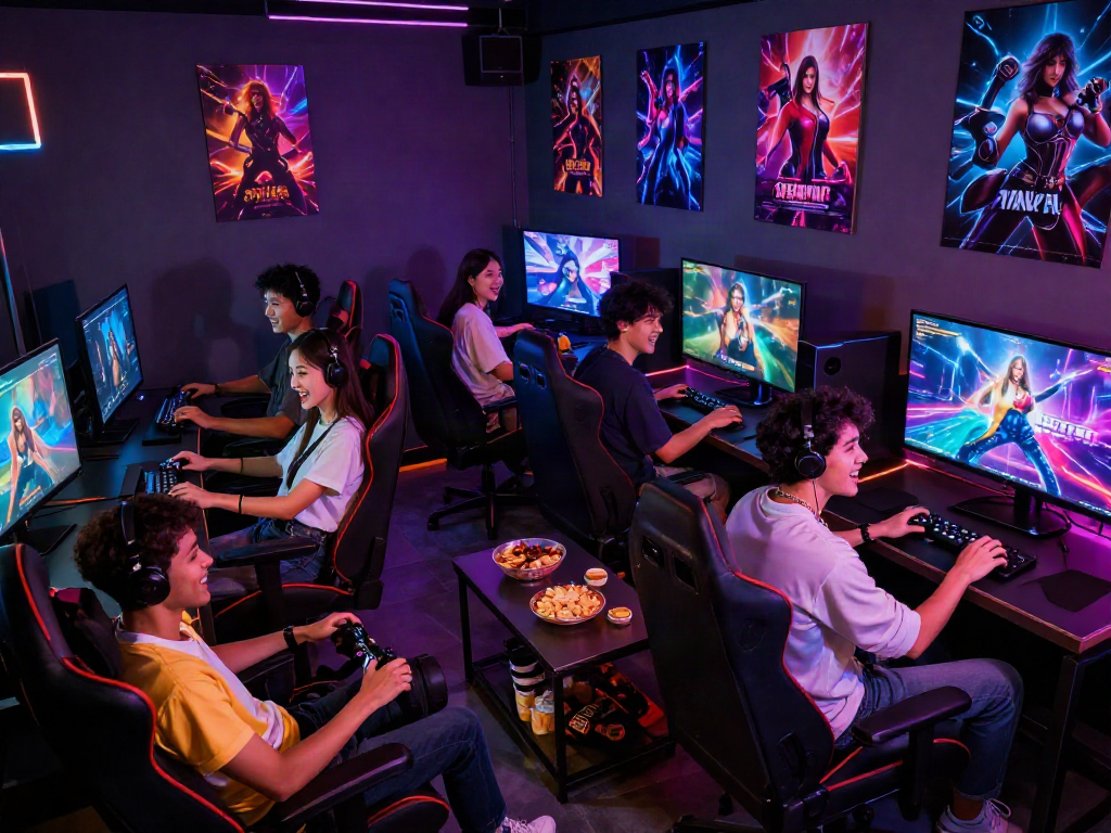 Engaged friends playing sex games in a vibrant gaming lounge.