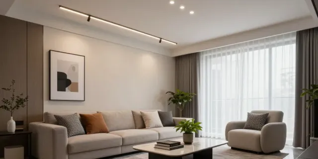 Iluminat modern cu sine magnetică încastrată în living decorat elegant.