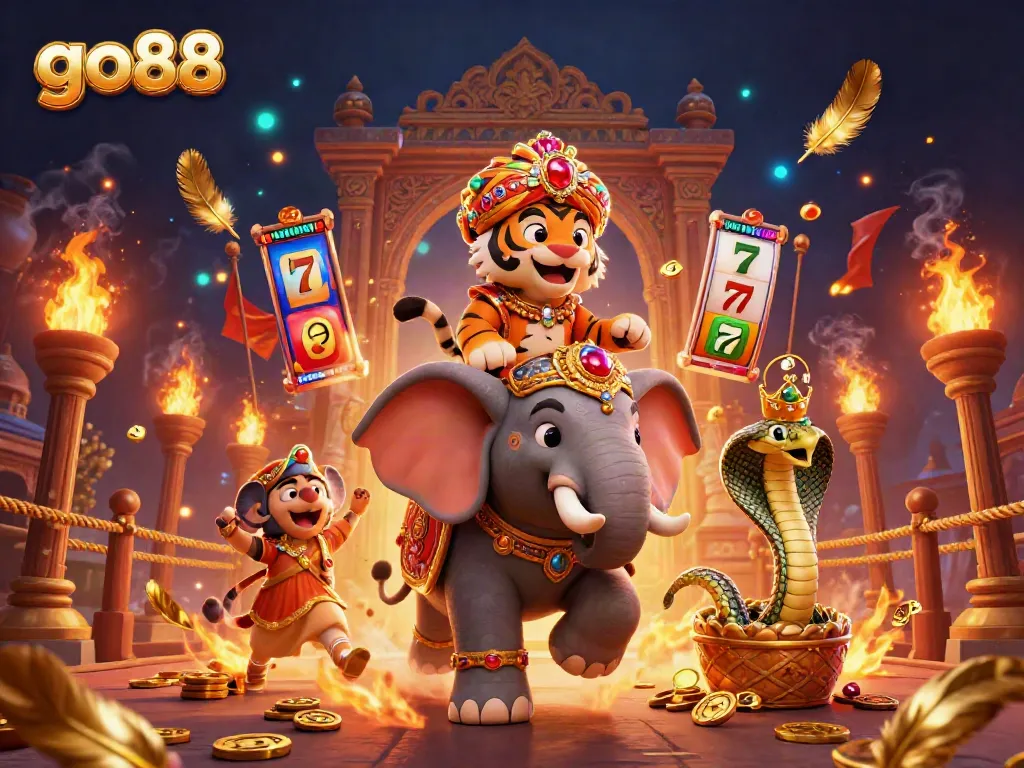 Experience the go88 slot adventure with a vibrant maharaja tiger, jewel elephant, and gold coins.