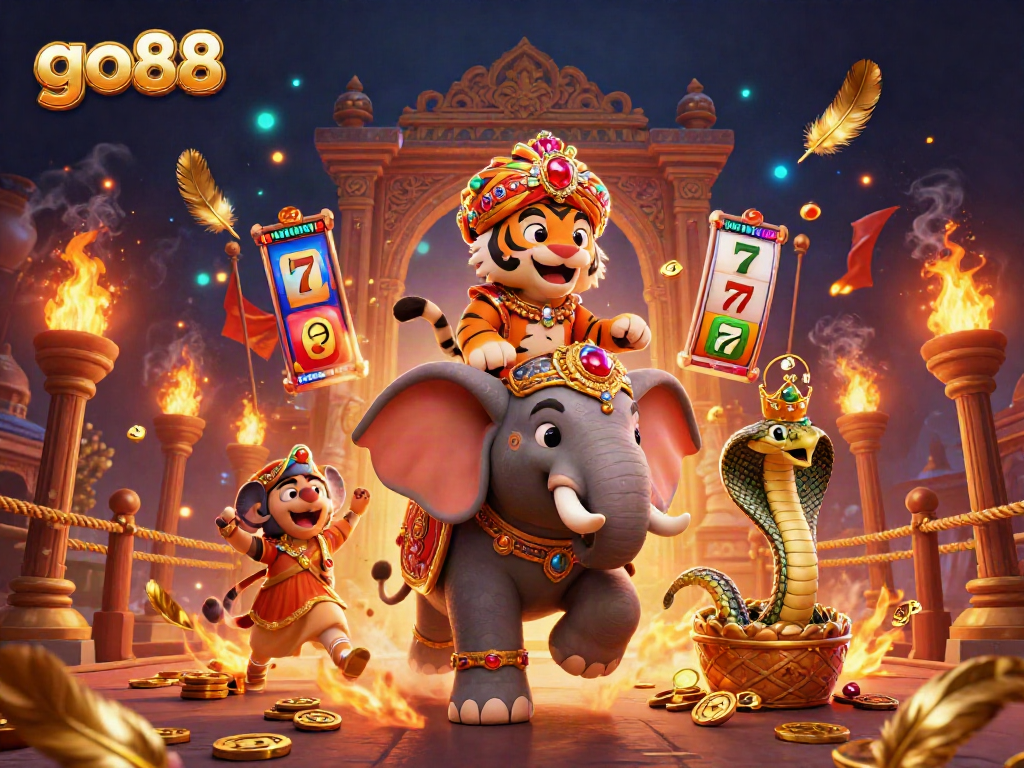 Experience the go88 slot adventure with a vibrant maharaja tiger, jewel elephant, and gold coins.