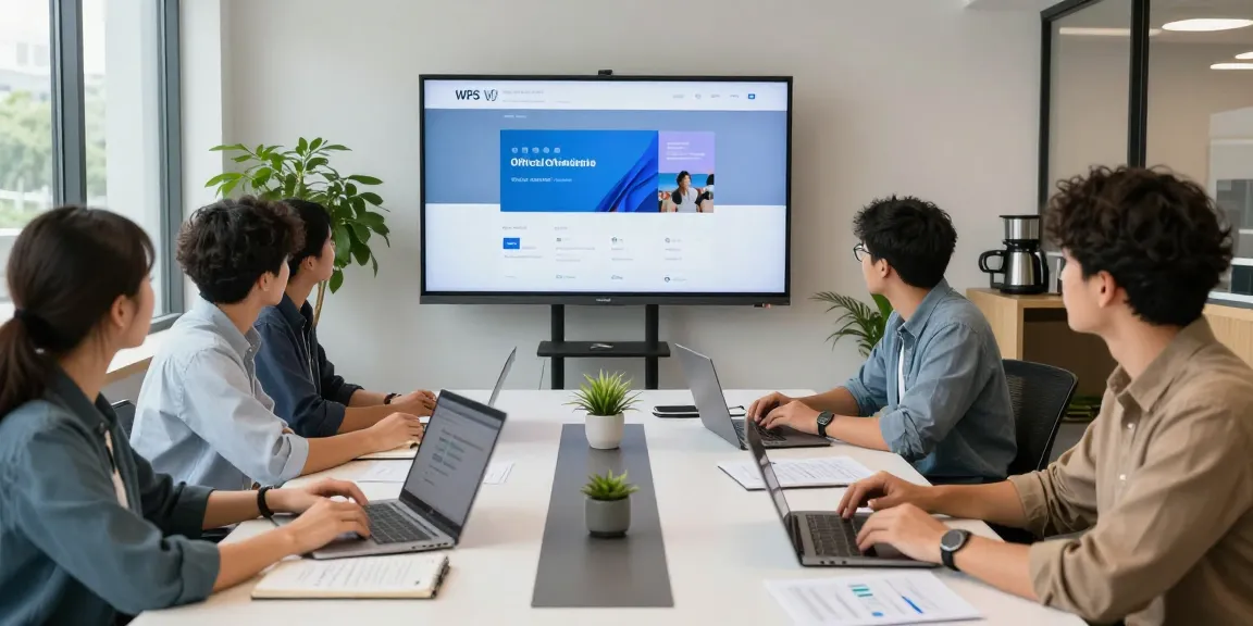 Team collaborating around a table, showcasing WPS Official Website features on screen, in a modern office.
