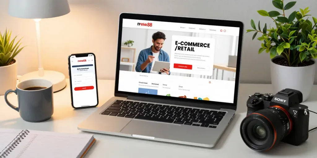 rokok88 login process on a laptop showcases an engaging e-commerce experience in a cozy workspace
