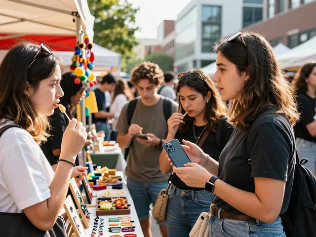Group of young adults sharing experiences from https://hustleoverentitlement.com at a vibrant street market.
