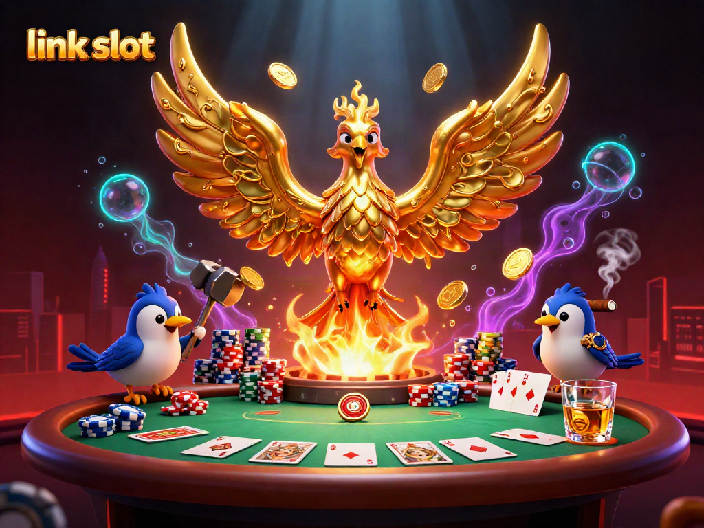 Experience the excitement of winning with link slot in a thrilling casino scene filled with poker elements.