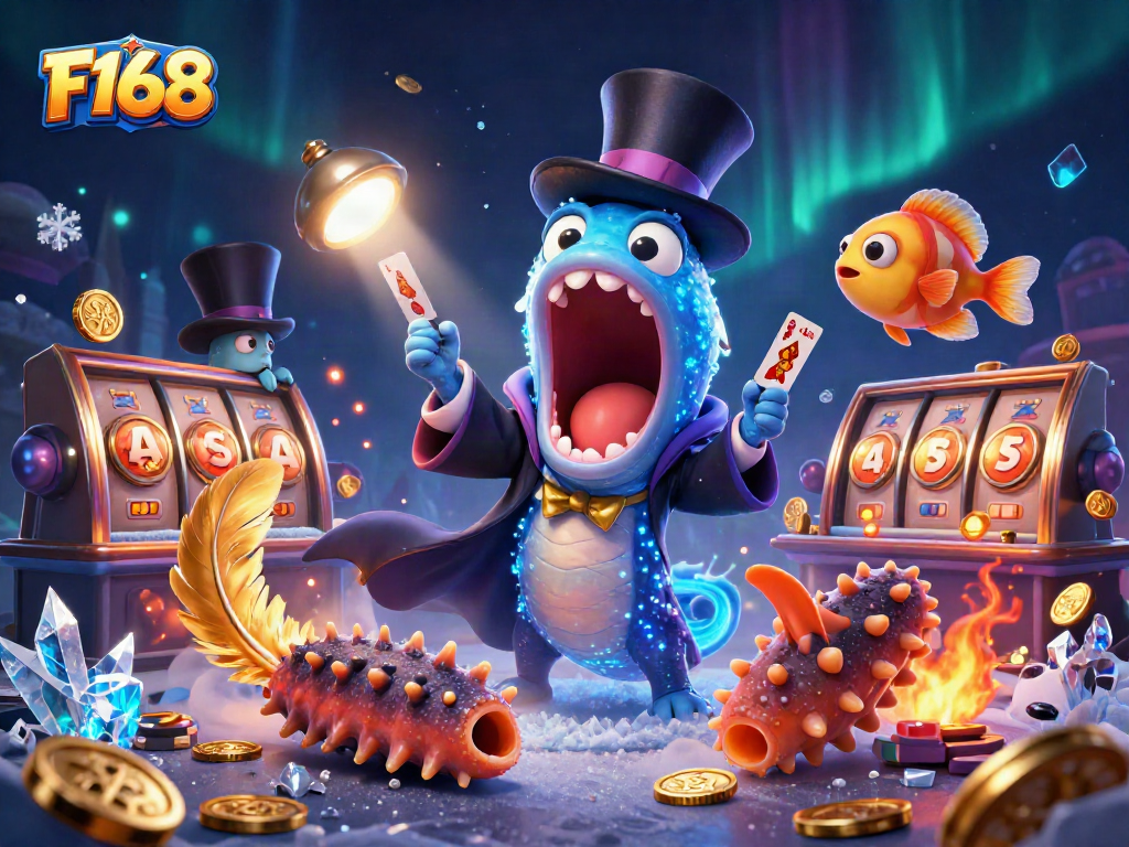 Engage with F168 casino magic featuring a bioluminescent eel performing card tricks amidst thrilling game elements.