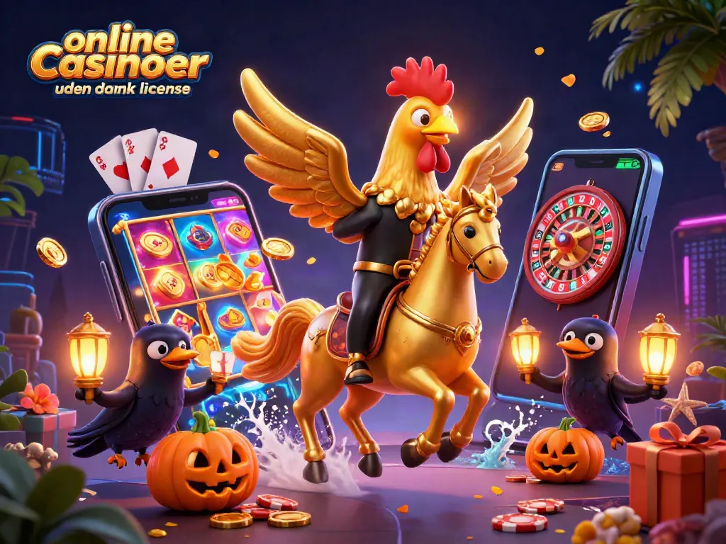 Engage with thrilling online casinoer uden dansk licens as a golden rooster explores a midnight casino.