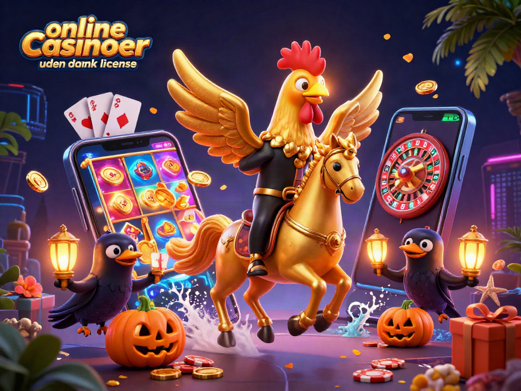 Engage with thrilling online casinoer uden dansk licens as a golden rooster explores a midnight casino.