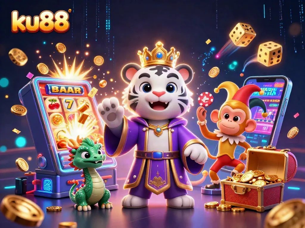 Experience thrilling games at ku88 with vibrant characters and explosive jackpots in a captivating casino scene.