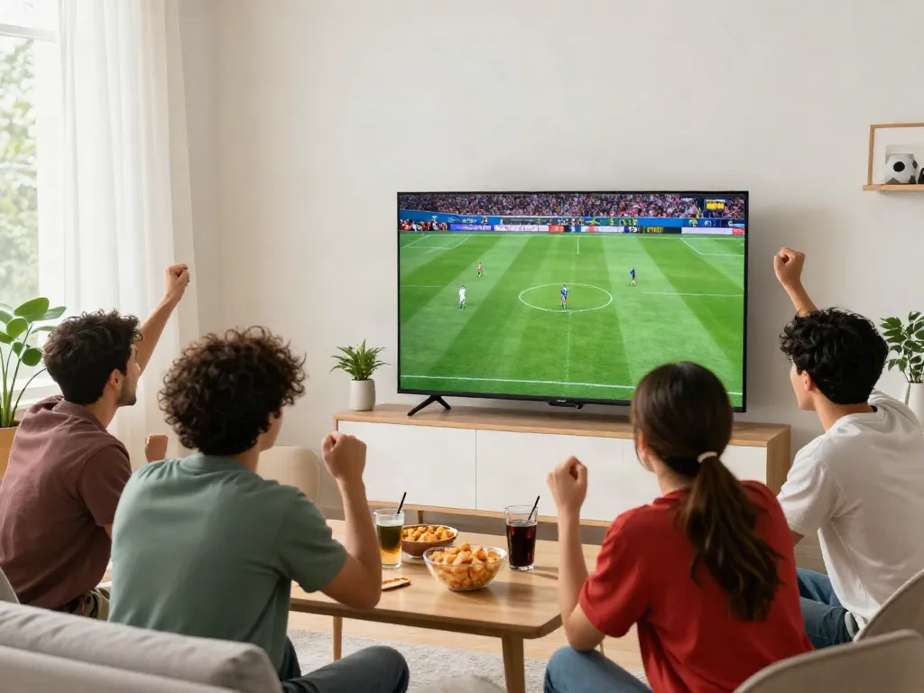 Fans enjoying Socolive full HD football match in a modern living room setup.