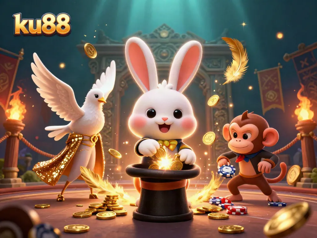Engage with ku88's thrilling casino action featuring a magician rabbit, soaring dove, and mischievous monkey.