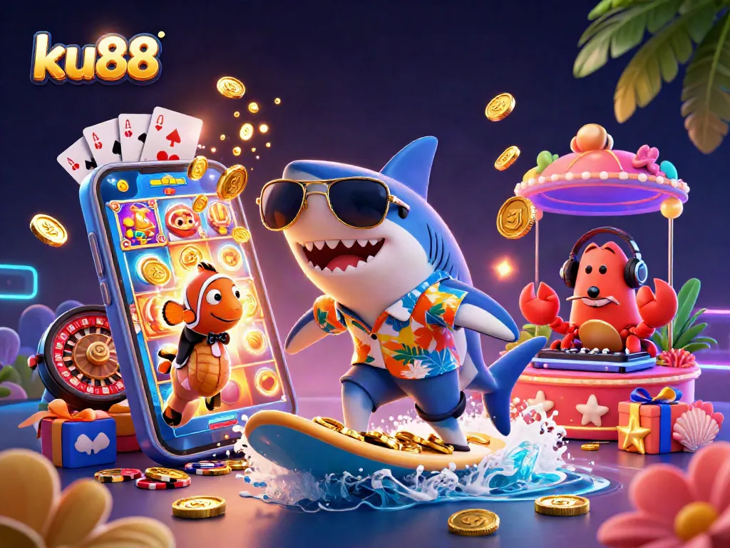 ku88 captures the excitement of casino gaming with vibrant characters surfing on gold coins amidst action-packed game elements.