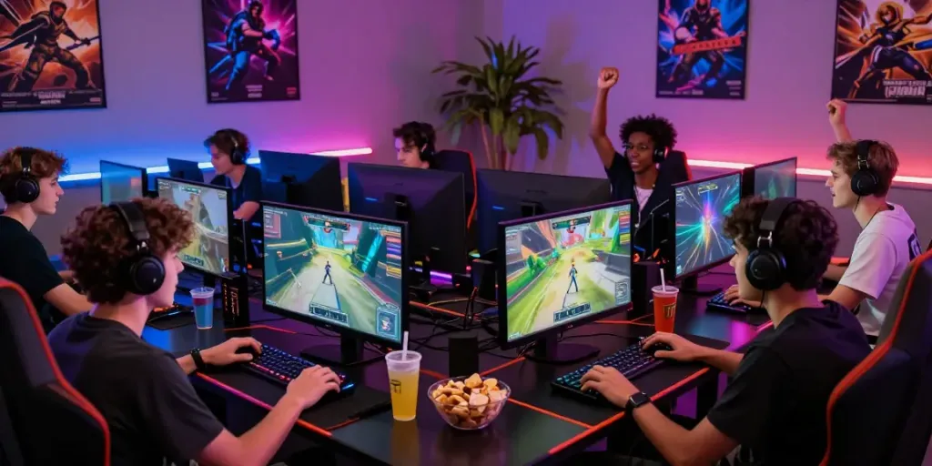 Engaged gamers playing ROKOK88 in a vibrant gaming setup with LED lights and snacks.