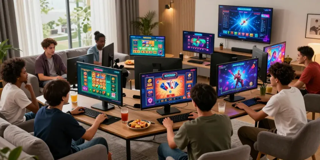 Engaged players enjoying a variety of games on the ROKOK88 platform in a lively living room setting, highlighting flexible gaming options.
