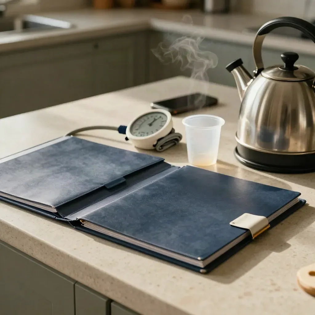Care-plan review items on a stone counter with folders, monitor, dose cup, phone and kettle steam.