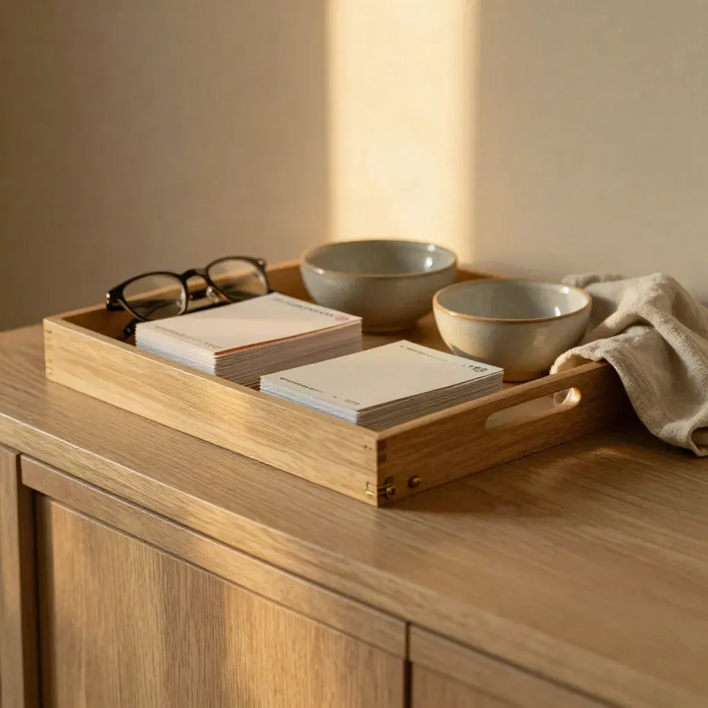 Color-tabbed care notes, folded glasses, bowl, and linen on an oak console in warm evening light.