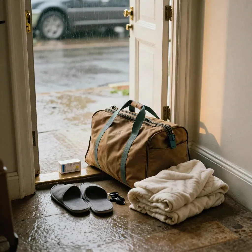 Overnight bag, blanket, slippers, medication box and keys at a rain-washed front door.