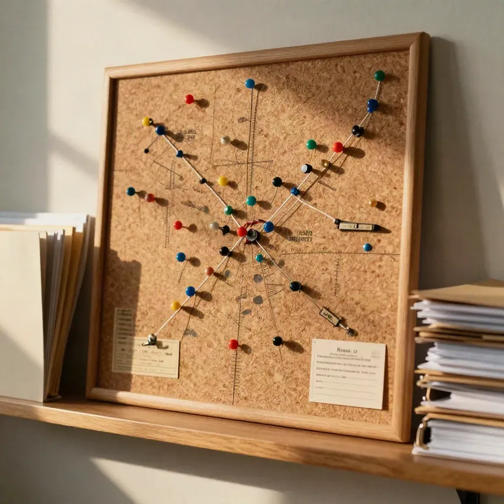 Cork-board care-team map with colored pins, threads and folders beside a clinic shelf