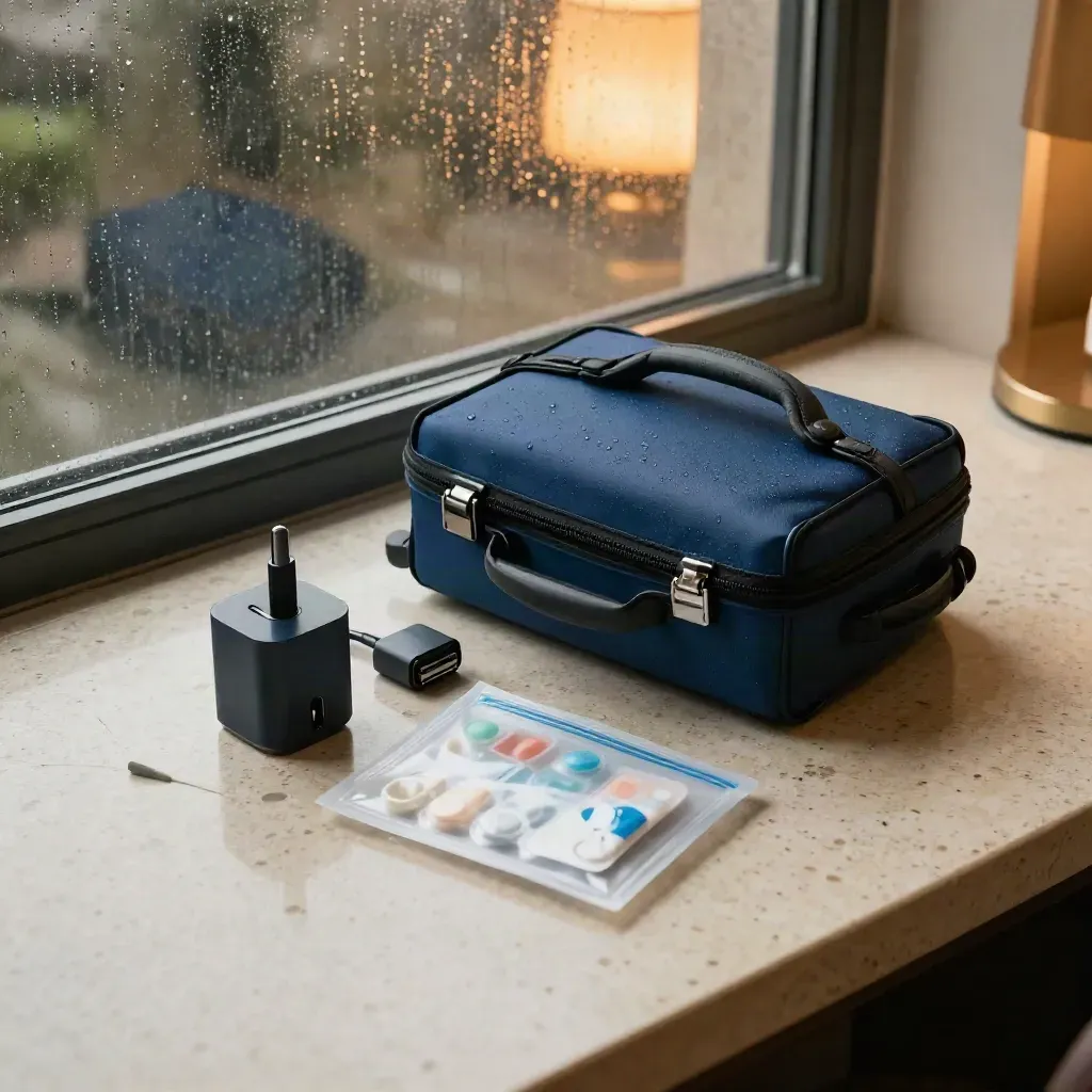 Rainy hotel desk with medication case, travel adapter, and sealed pouch by a window.