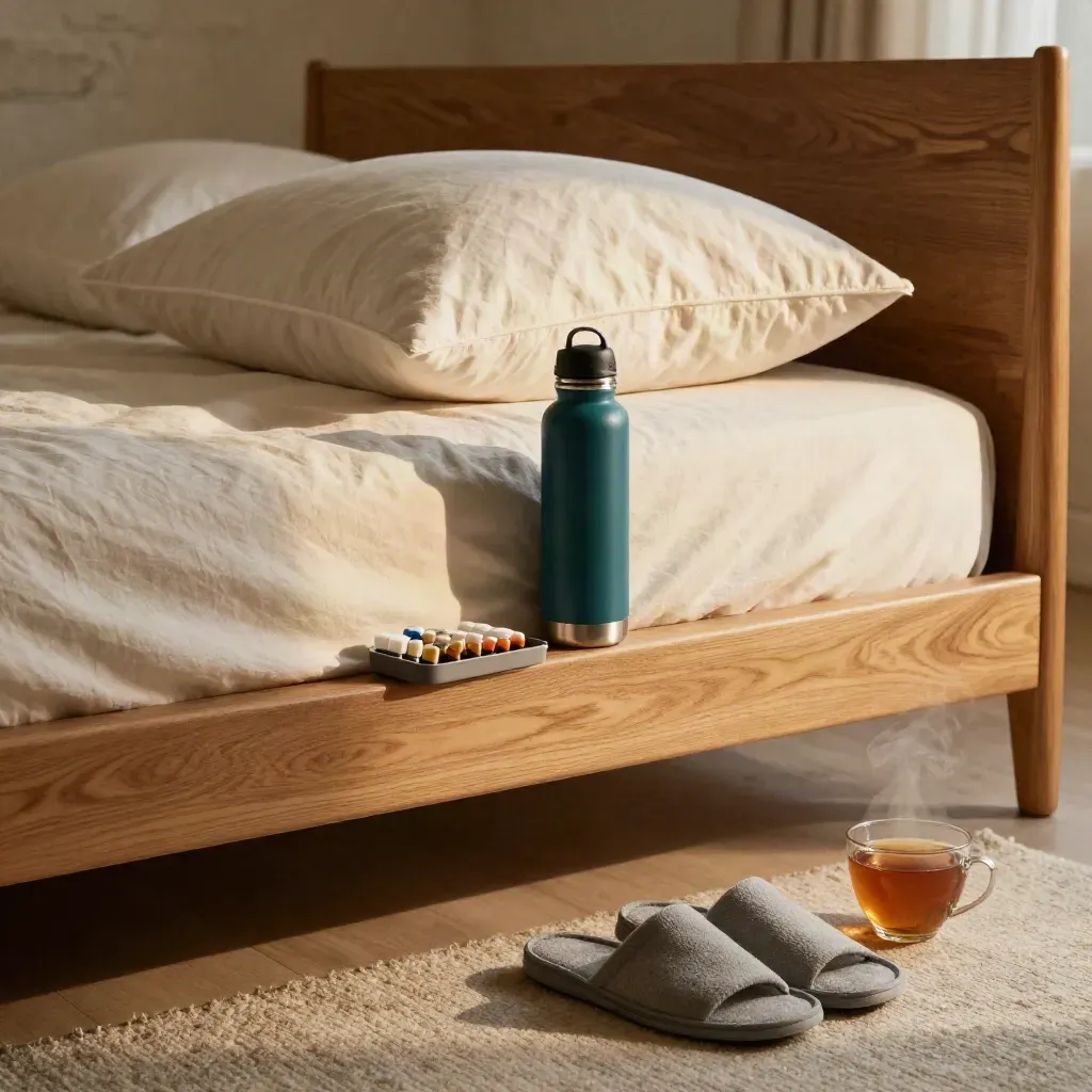 Dawn-lit recovery bed with cream pillows, teal water bottle, slippers, tea steam and medication tray.