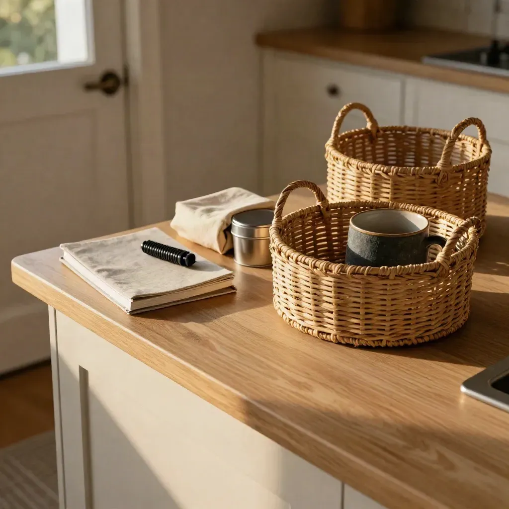 Woven family carer pack by a kitchen door with notebook, charger, wrap, snack tin and mug