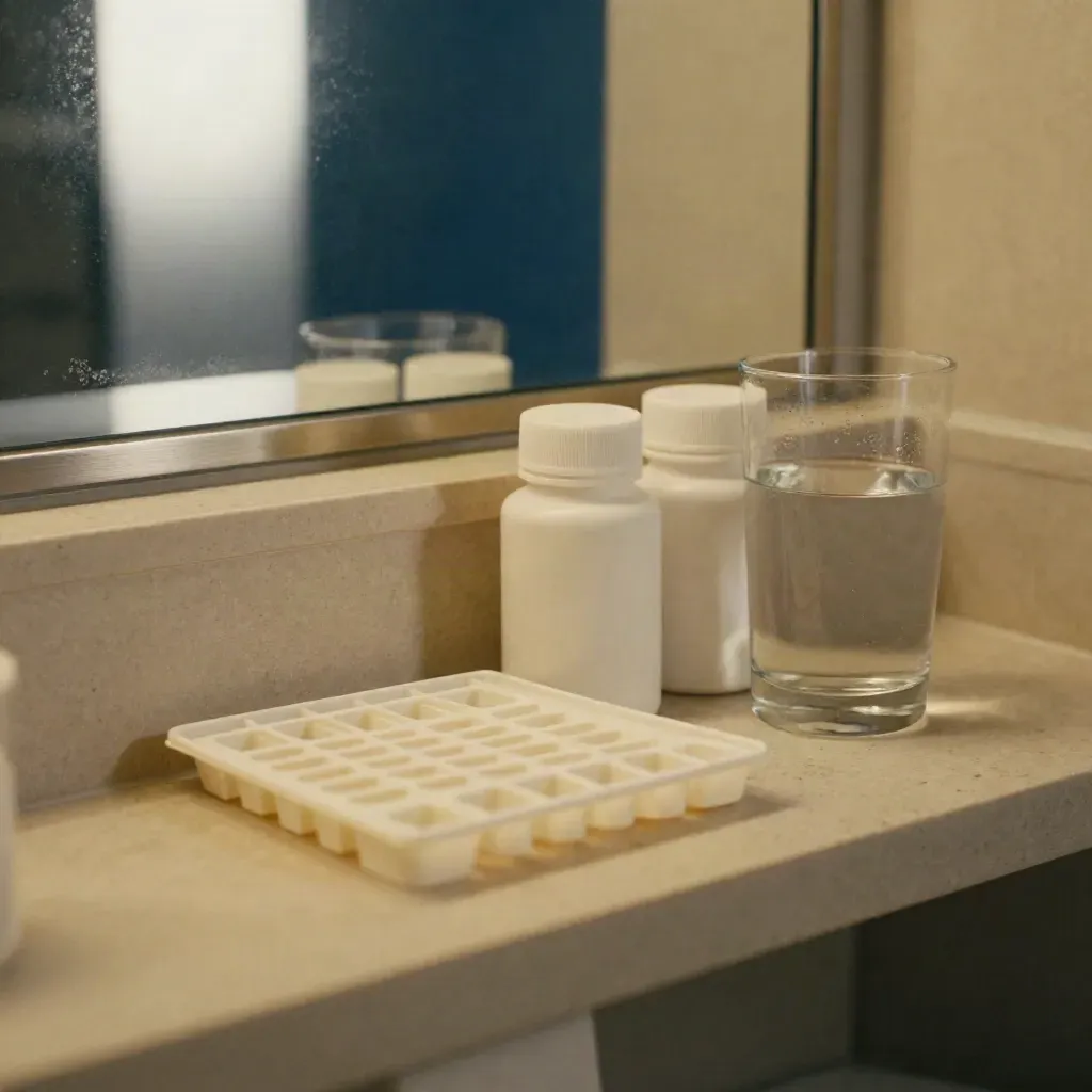 Bathroom shelf with a dosette tray, two medicine bottles, and water in soft mirror haze.