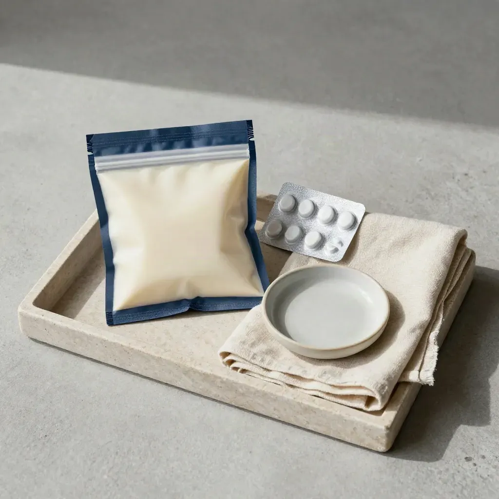 Discharge planning still life with pouch, blister strip, ceramic dish and folded linen on stone