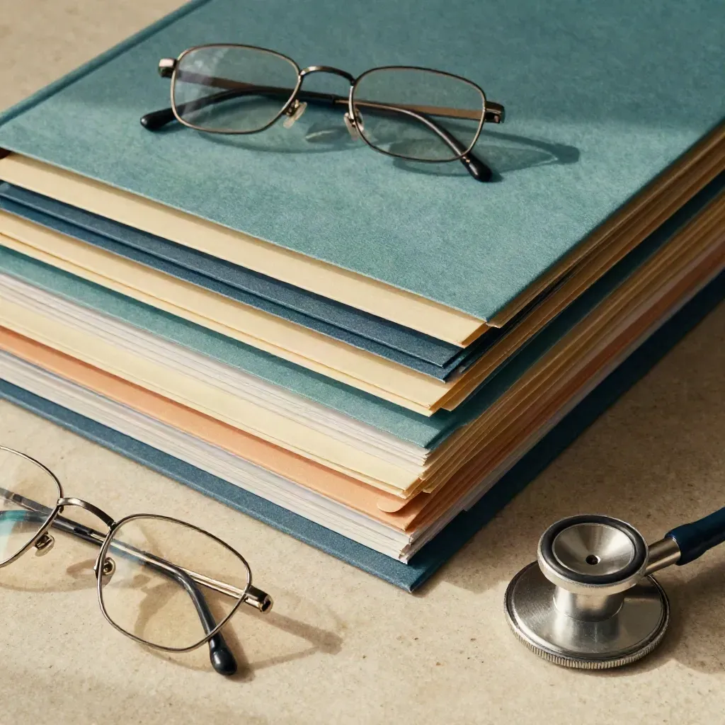 Top-down macro of specialist care folders, glasses, and a stethoscope on pale stone.