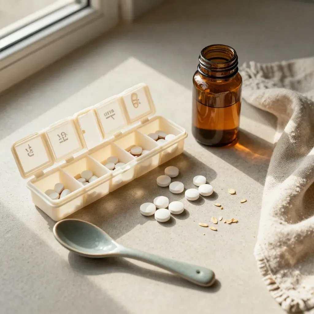 Overhead pill organizer, amber bottle, spoon and linen on pale stone in soft daylight