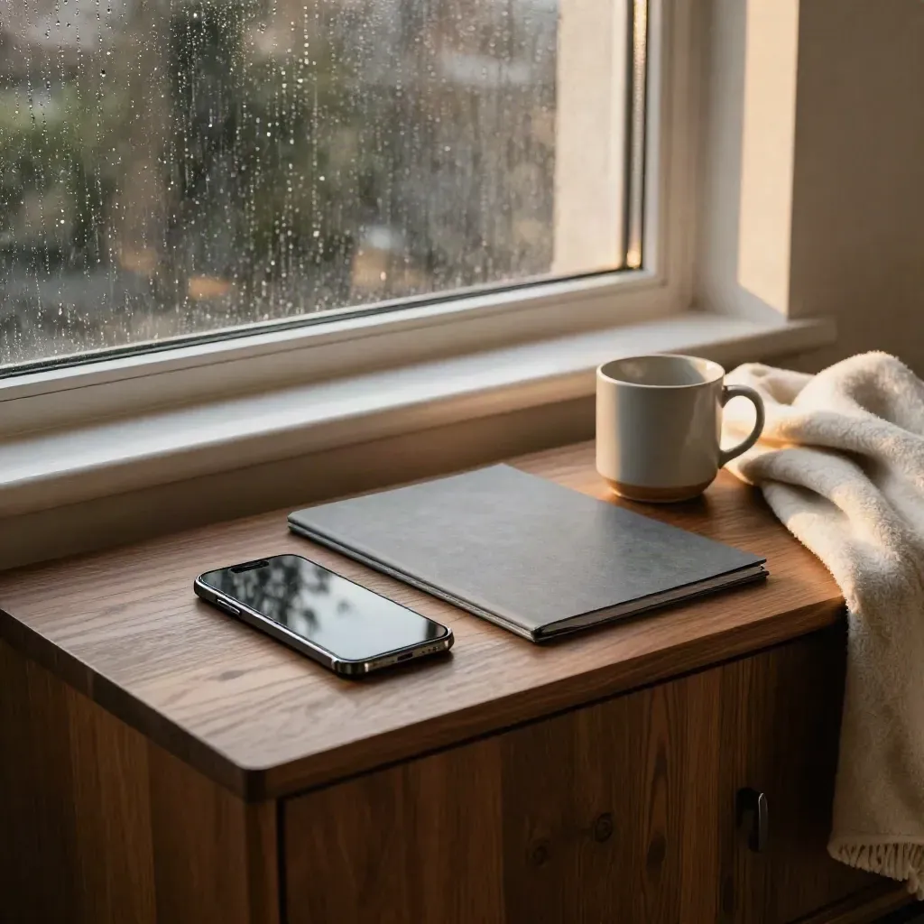 After-hours care kit on a console by a rainy window with phone, lamp base, folder, mug, and blanket.