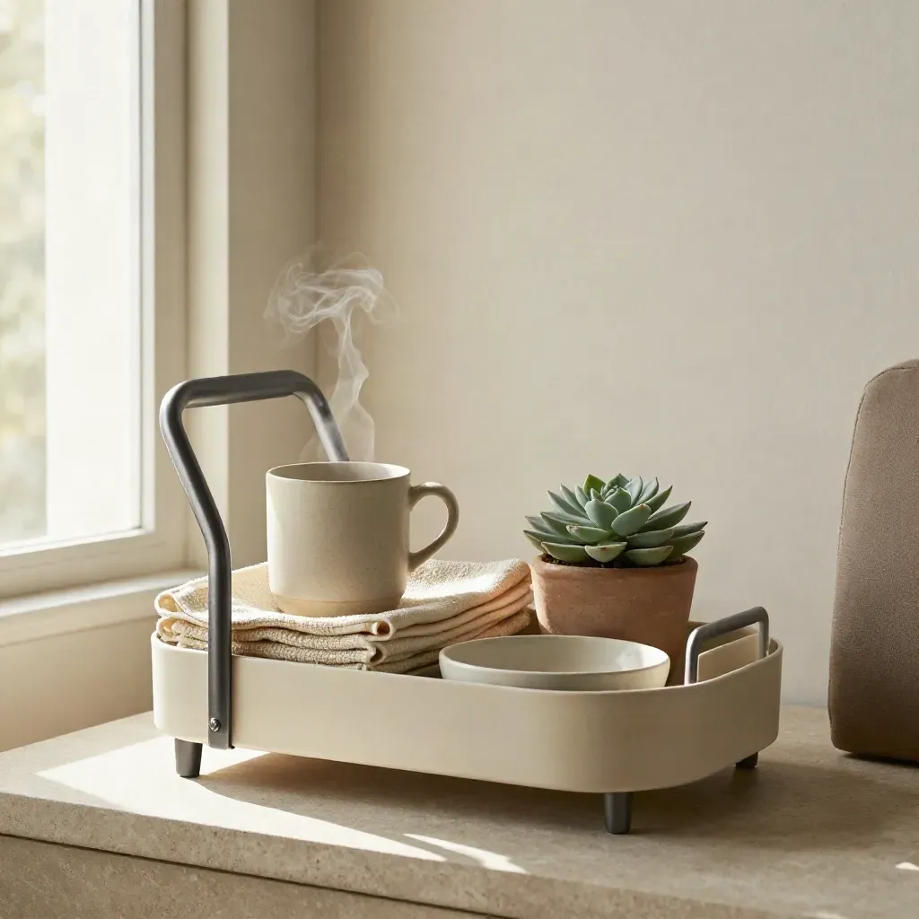 Caregiver support caddy with tea mug, towel, succulent and ceramic dish on a stone shelf.