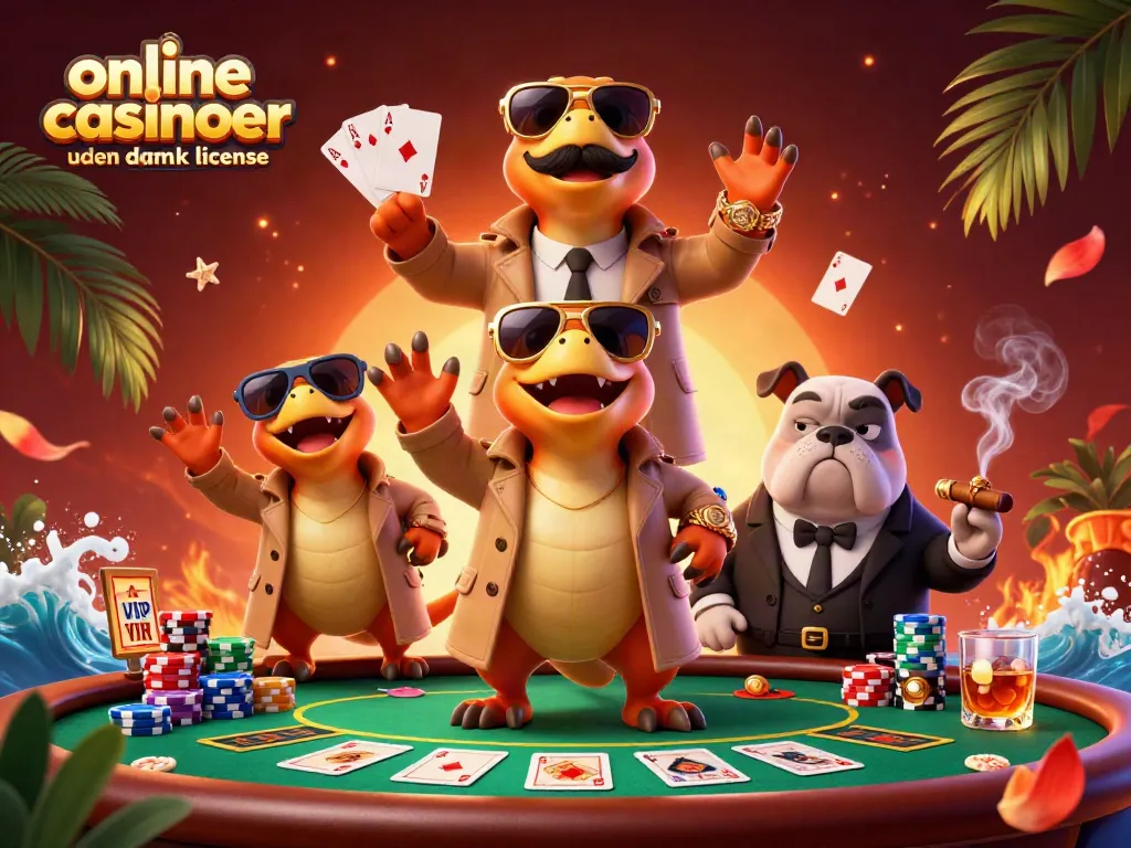 Experience online casinoer uden dansk licens with cartoon raptors in a trench coat entering a VIP lounge.