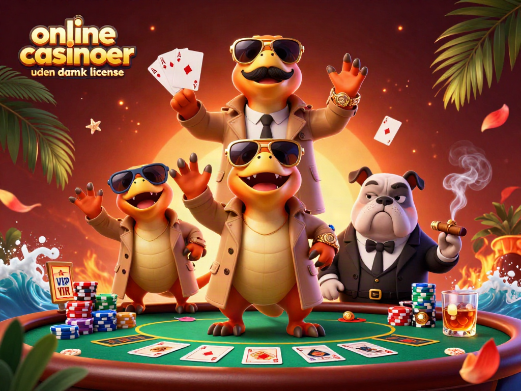 Experience online casinoer uden dansk licens with cartoon raptors in a trench coat entering a VIP lounge.