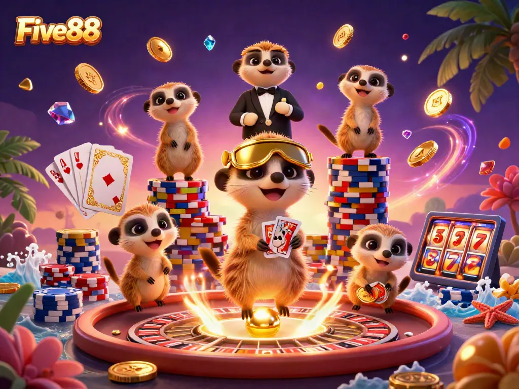 Five88 meerkats running a lively casino with spinning roulette, colorful chips, and sparkling gems.