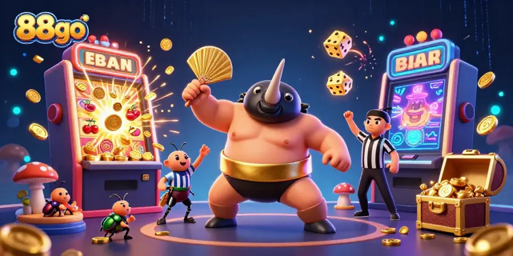 Celebrate wins at 88go with a dynamic casino scene of a beetle champion and thrilling game visuals.