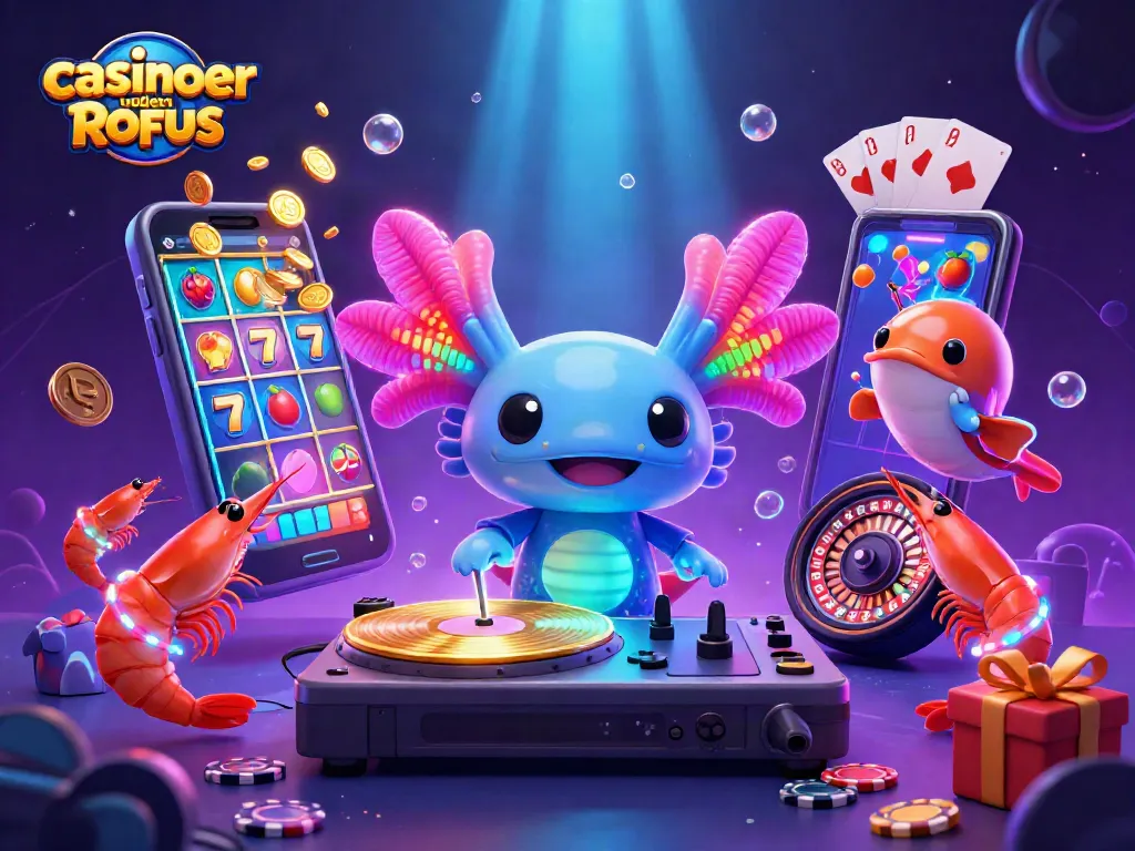 Catching big wins at casinoer uden ROFUS with a lively 3D scene featuring a DJ axolotl, slot games, and vibrant underwater elements.