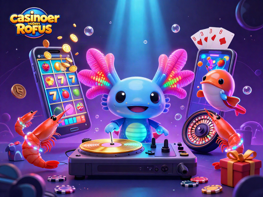 Catching big wins at casinoer uden ROFUS with a lively 3D scene featuring a DJ axolotl, slot games, and vibrant underwater elements.