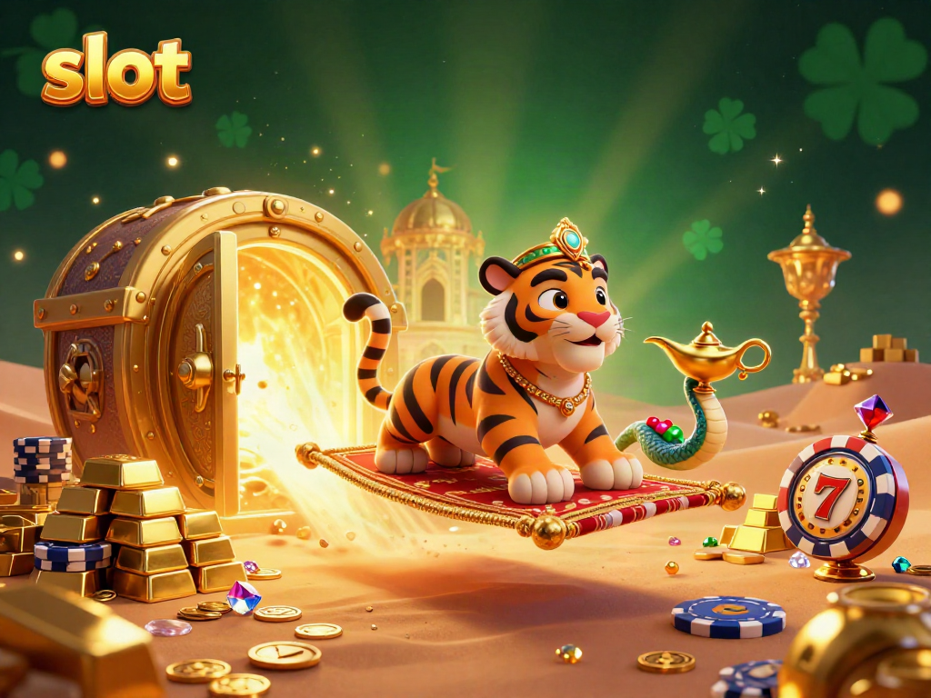 Spin the slot reels and win big with this enchanting casino scene featuring a sultan and treasures.