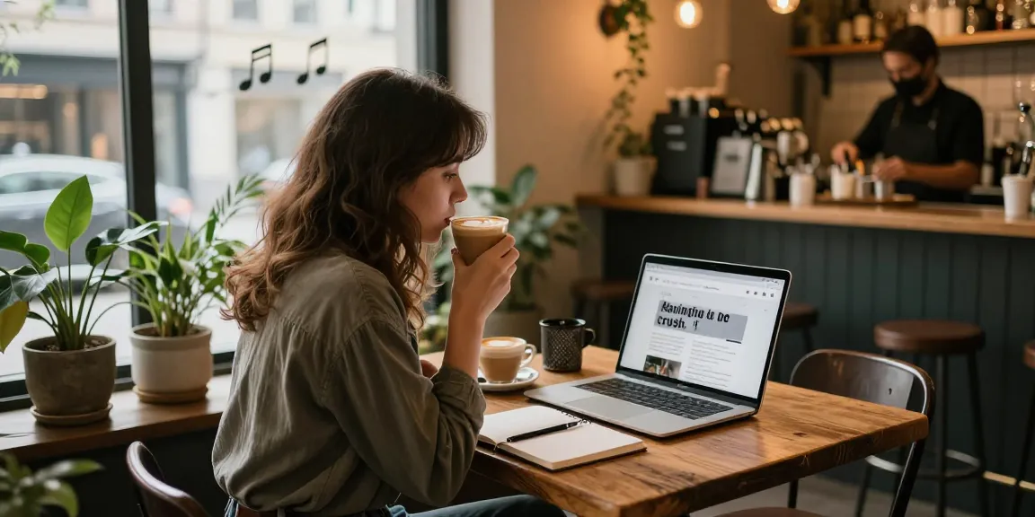 Woman at a cafe exploring crush on topics while writing in her notebook.