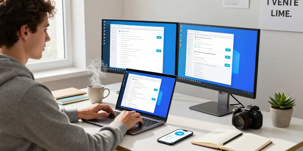 Professional using Telegram Web Version on laptop in a modern workspace.