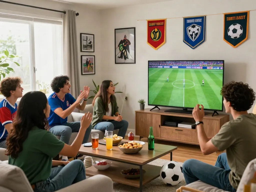 Friends watching bóng đá cakhiatv in excitement during a lively match.