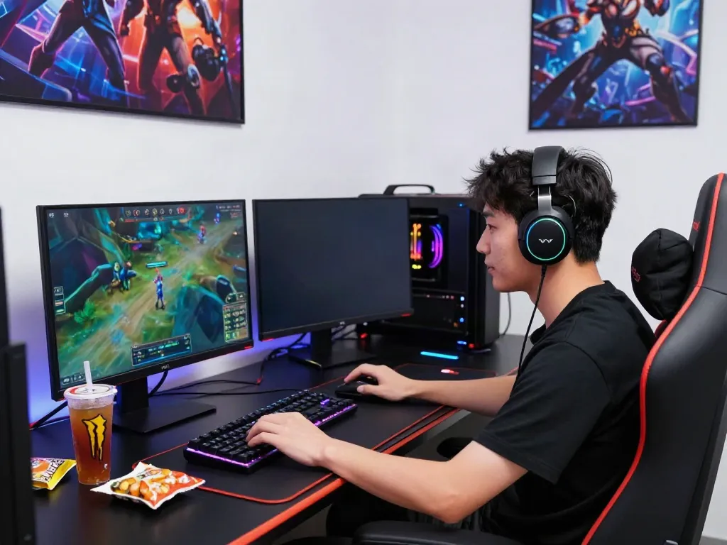 Gamer at a dynamic online gaming setup showcasing rokok88 with dual monitors and immersive lighting.