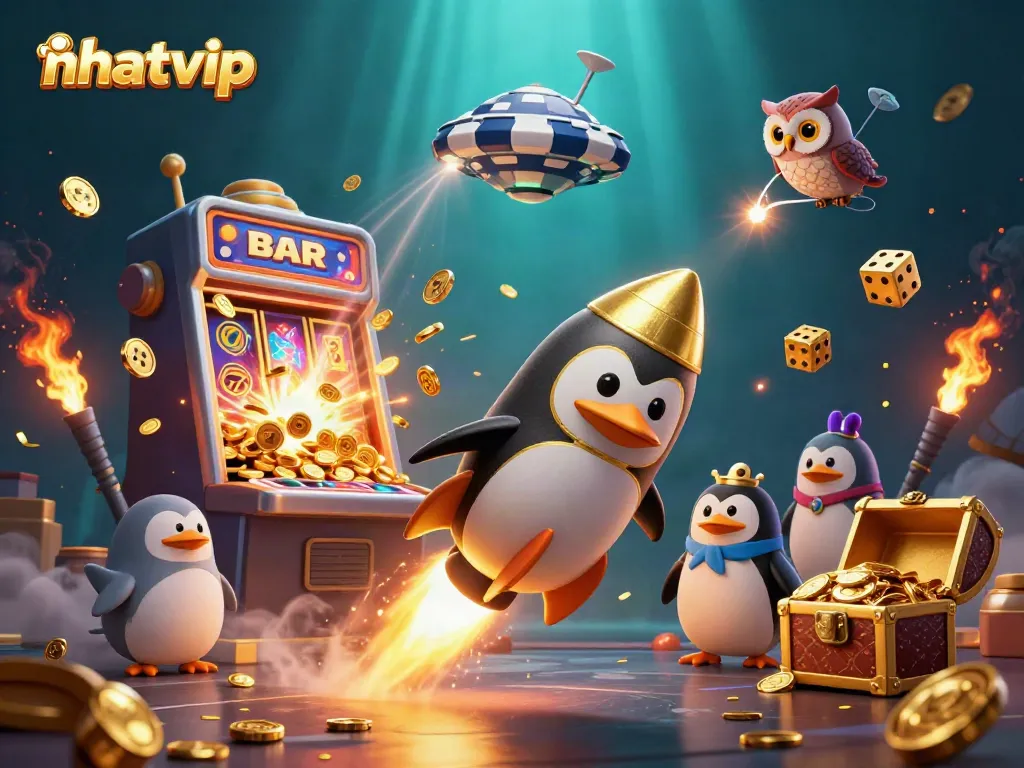 Win big with Nhatvip in this vibrant 3D casino scene showcasing epic games and jackpots.