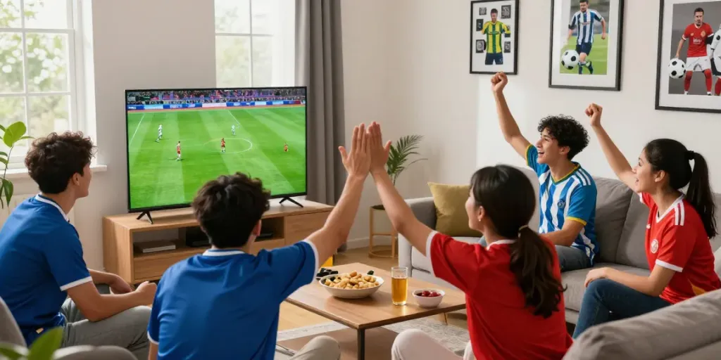 Fans enjoying a thrilling football match on trang bóng thapcamtv with excitement and camaraderie.