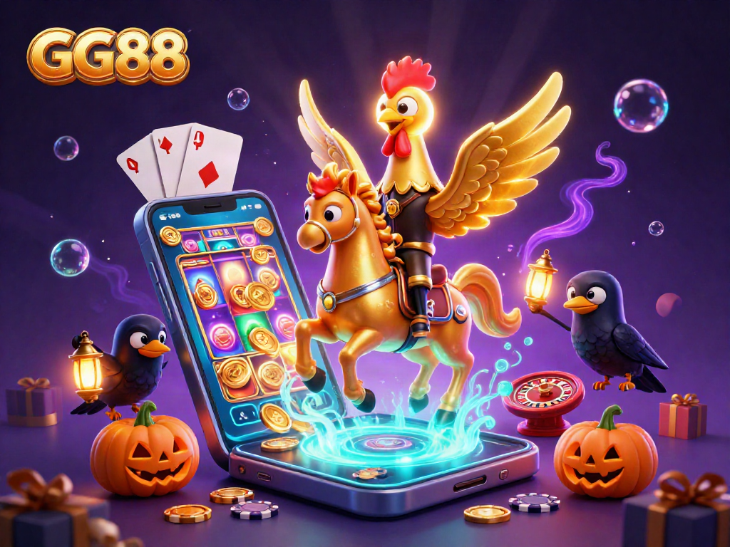 Experience thrilling gaming moments at GG88 casino with a glowing rooster and vibrant 3D slots.