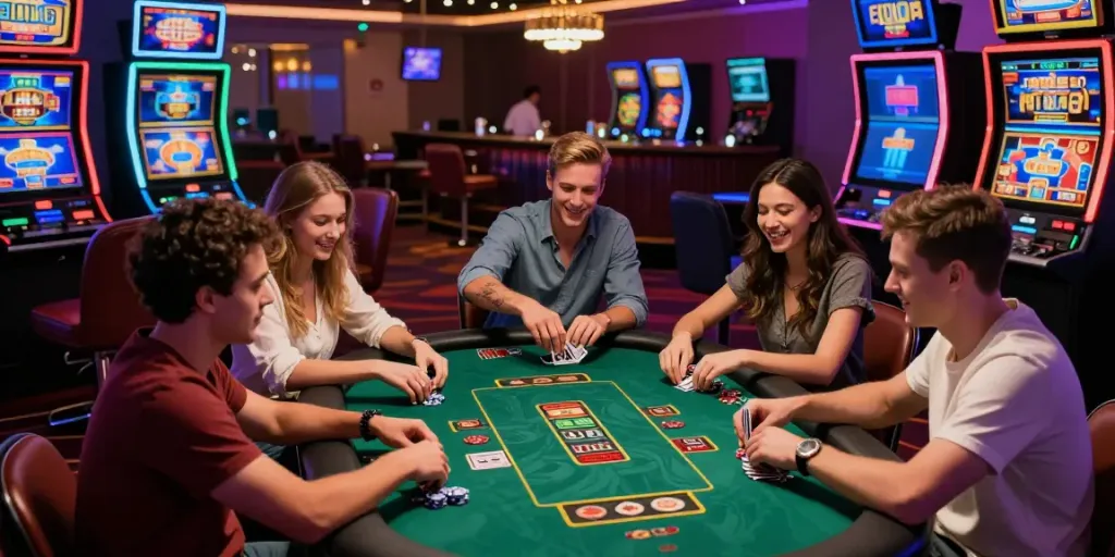 Players enjoying a lively poker game at credit card casinos with vibrant atmosphere and illuminated slot machines.
